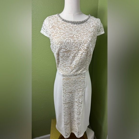 Fifth & Park Dresses & Skirts - Fifth &Park jeweled neck White/Cream Lace Dress